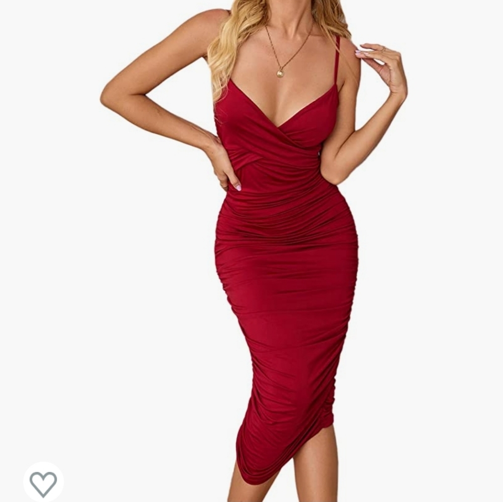 Shein Wine Colored Rouched Bodycon V Neck Spaghetti Strap Cami Dress
